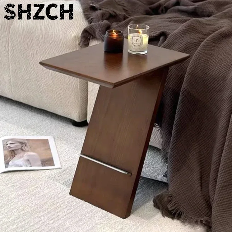 French Vintage Sofa Side Table Solid Wood Coffee Stand for Home Narrow Nightstand Vintage Corner Display Shelf for Bedroom