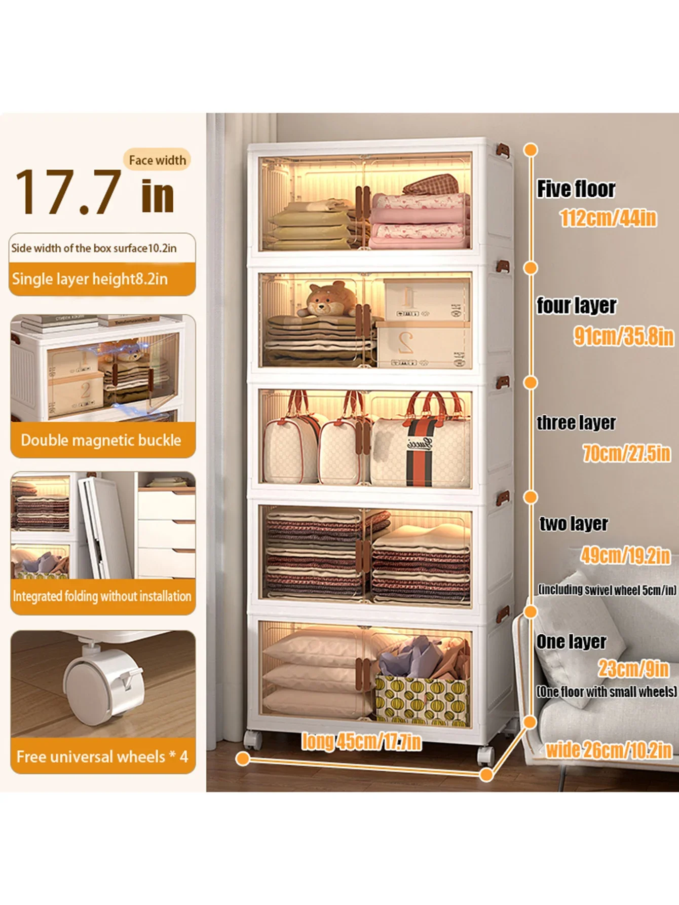 45cm 5layer Versatile 1-5 Layer Folding Storage Cabinet with Magnetic Doors - Dustproof, Waterproof for Clothes, Snacks