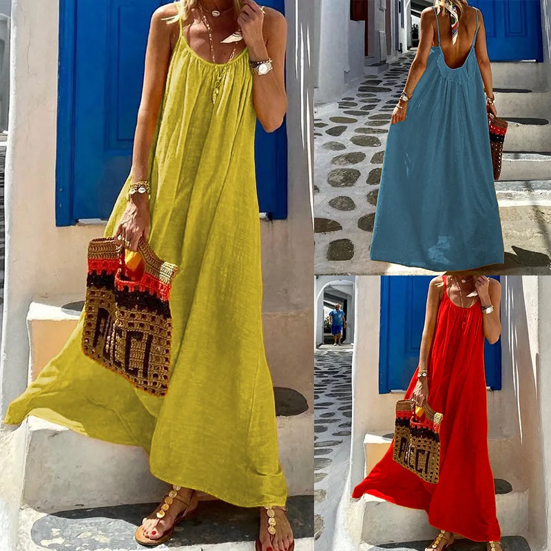 

FD1007 Women's 2024 Summer New Strap Open Back Beach Bohemian Cotton Hemp Dress