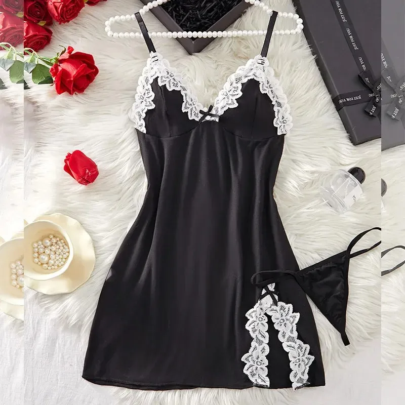 Conjuntos de noche para adultos, microvestido con cuello en V, picardías, pijamas para mujer, disfraz Sexy, camisones de encaje, camisón Sexi, ropa interior, tangas, traje