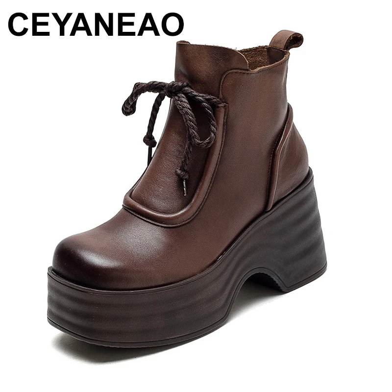 

7cm Woman Cow Genuine Leather Autumn Ankle Boots Spring Booties Ethnic Rero Moccasins Platform Wedge Chunky Heels Shoes