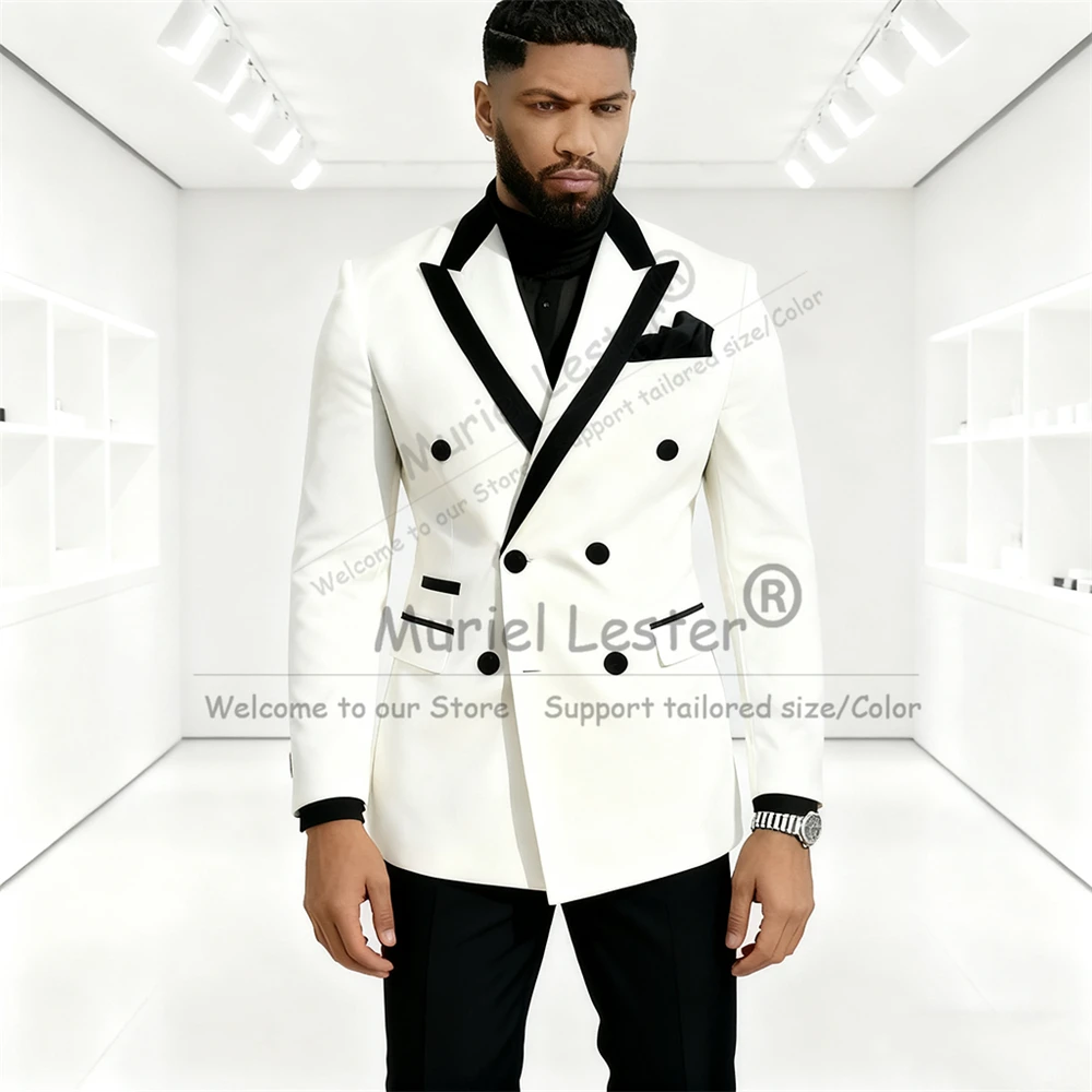

Elegant Business Suit Attire For Men Lapel Design Prom Blazer Customized 2 Piece Set Double Breasted Jacket Pants Groom Tuxedos