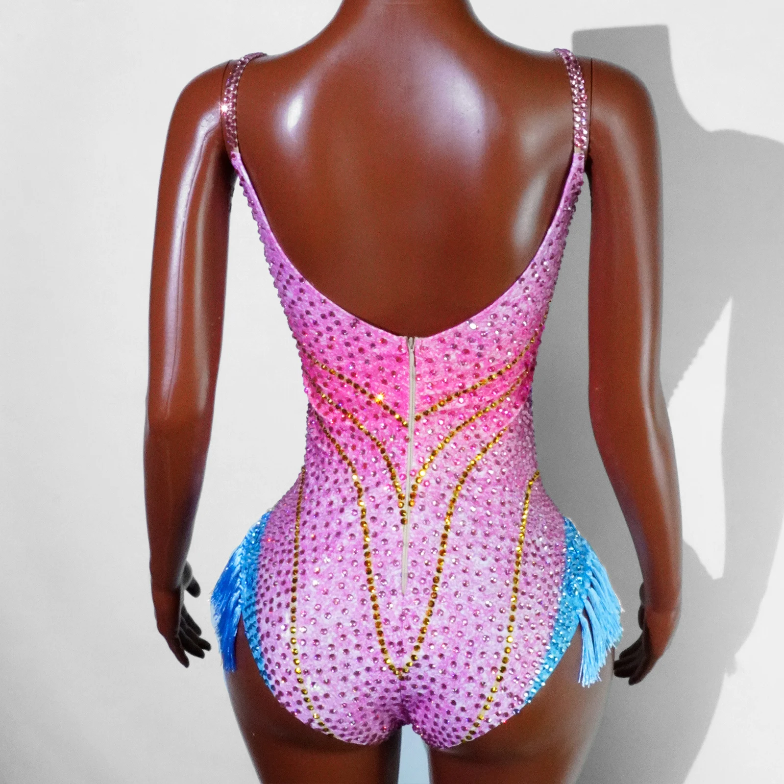 반짝 이는 라인 석 Tassel Strip Bodysuit 여성 섹시한 쇼 공연 댄스 의상 나이트 클럽 복장 가수 댄서 무대 착용