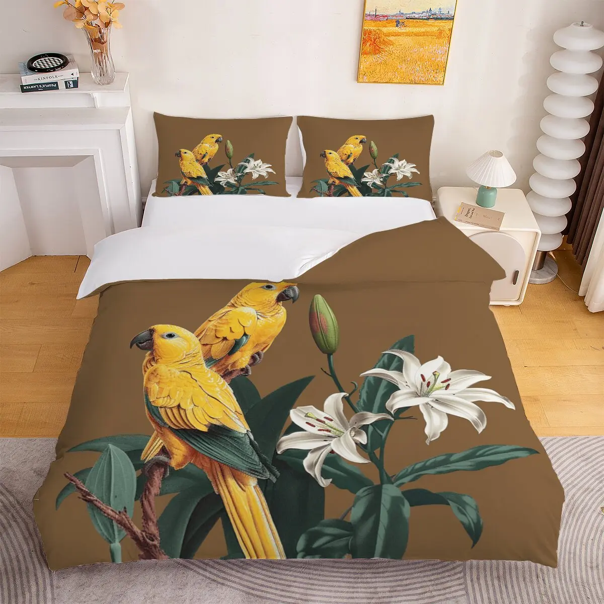 Yellow parrots  Down comforter set large size  Flowers & Parrots  Modern trend of printed bedding