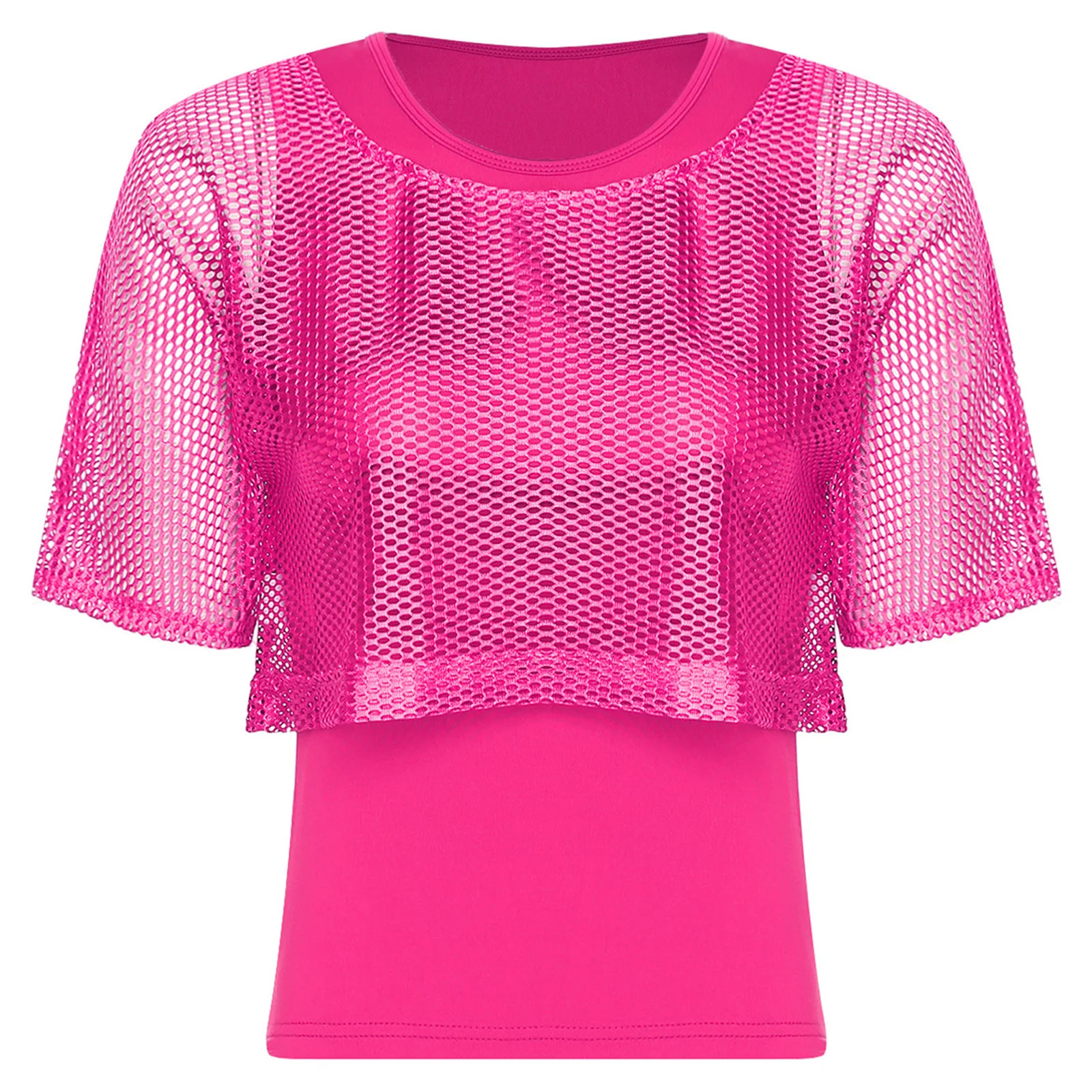 

Womens 80s Rave Disco 2 Pcs T-shirt Tops Short Sleeve Off Shoulder Fishnet Crop T-shirt And Basic Tank Tops for Party Club Dance