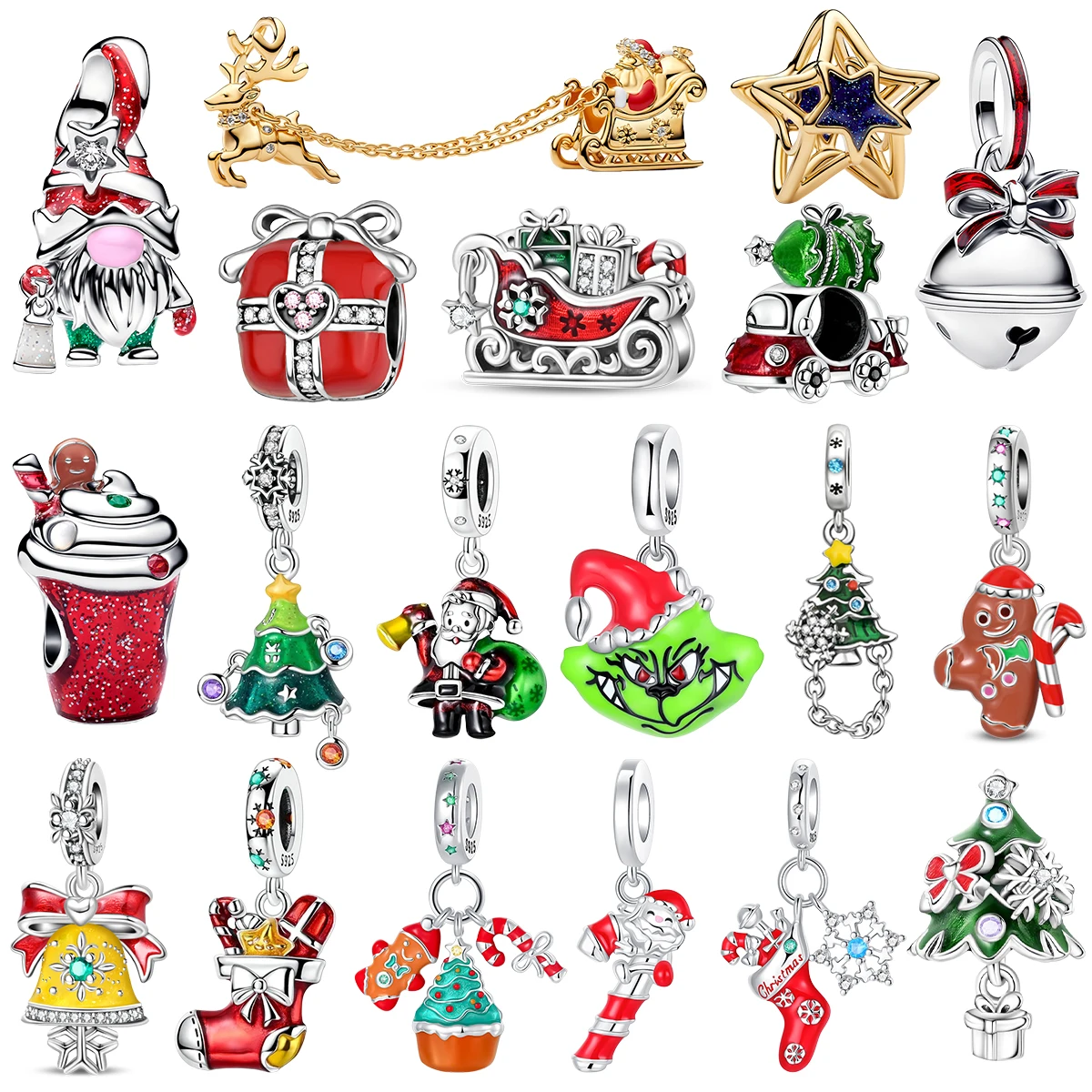 925 Sterling Silver Christmas Gnome Sleigh Gift Box Bell Star Gingerbread Man Santa Tree Charm Bead Fit Bracelet DIY Jewelry