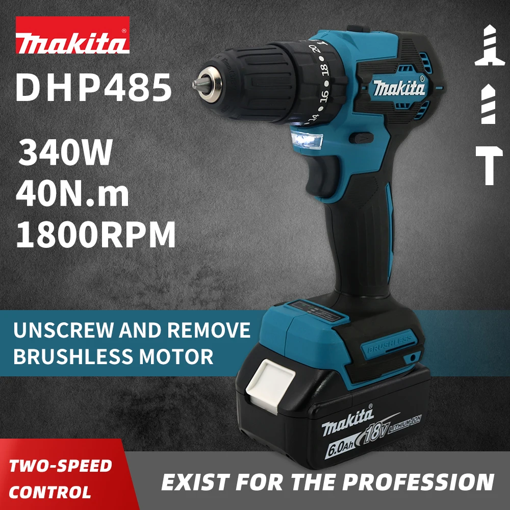 Makita DHP485 Trapano elettrico per batteria ricaricabile 18V Cordless Brushless 1800RPM Cacciavite a velocità regolabile Utensile elettrico