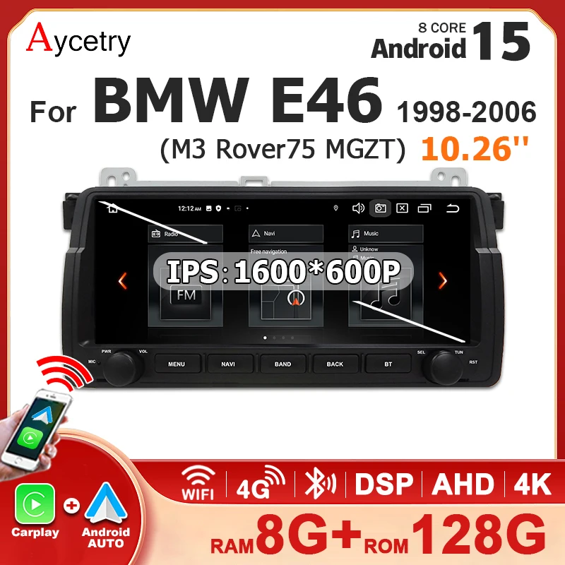 Autoradio sans fil CarPlay Android 15 Auto, écran 10.26 pouces, stéréo, pour BMW série 3 BMW E46 M3 1998 – 2005, lecteurs vidéo Bluetooth