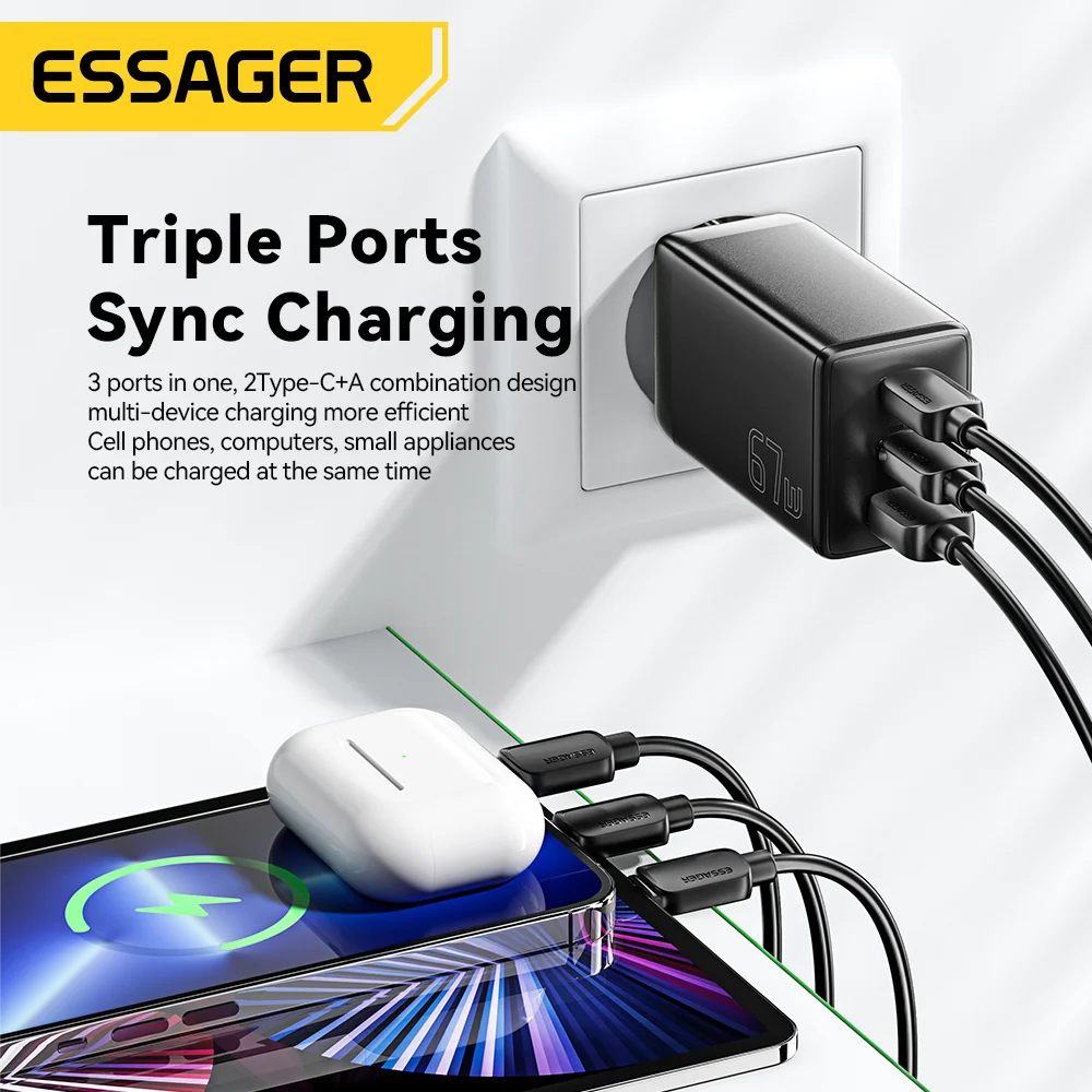 Essager 65W GaN USB C 충전기 PD QC 4.0 3.0 C타입 급속 충전, 삼성 아이폰 1514 13 프로 폰 맥북 노트북 고속 충전기