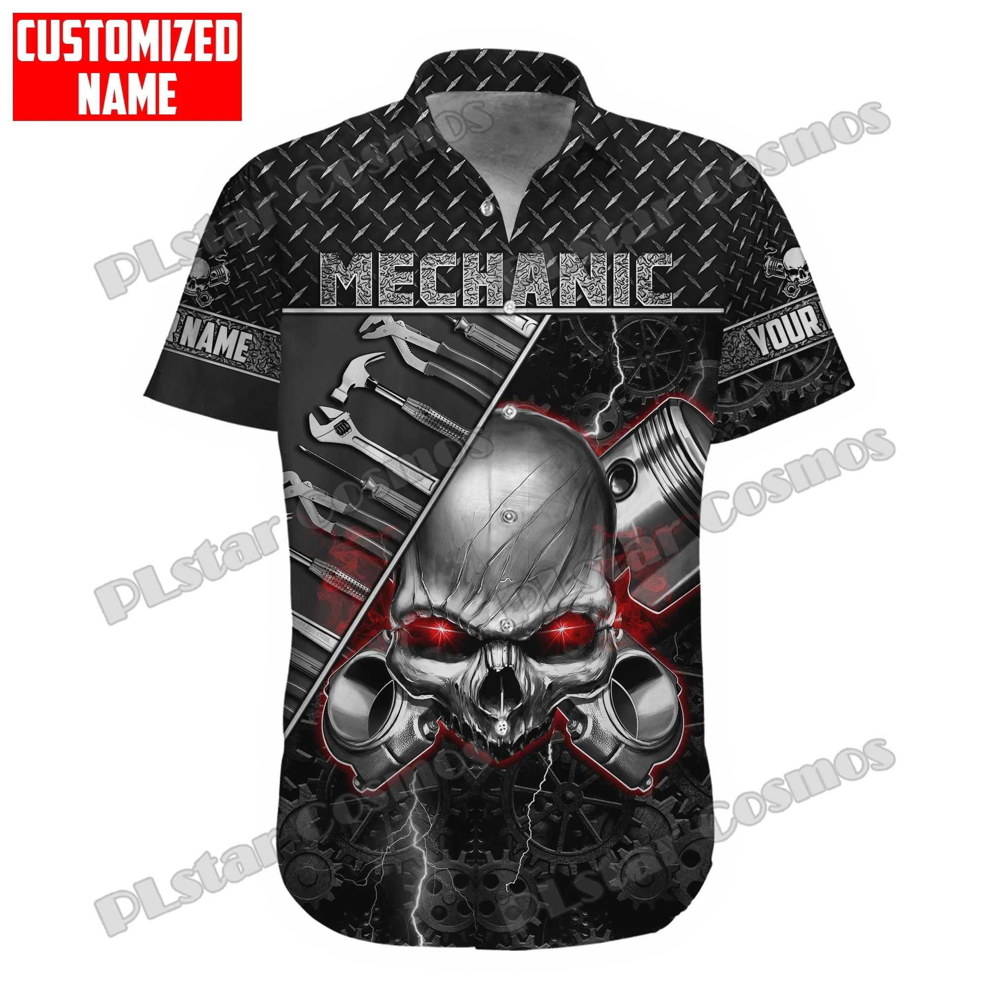 Customized Name Auto Mechanic Skull 3D Printed Men's Hawaiian Shirt Unisex Summer Casual Short Sleeve Button Down Shirts CY-39