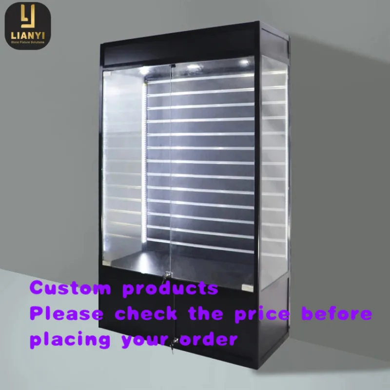 custom.alloy slatted wall storage glass display cabinet with LED lighting, lockable black glass display cabinet