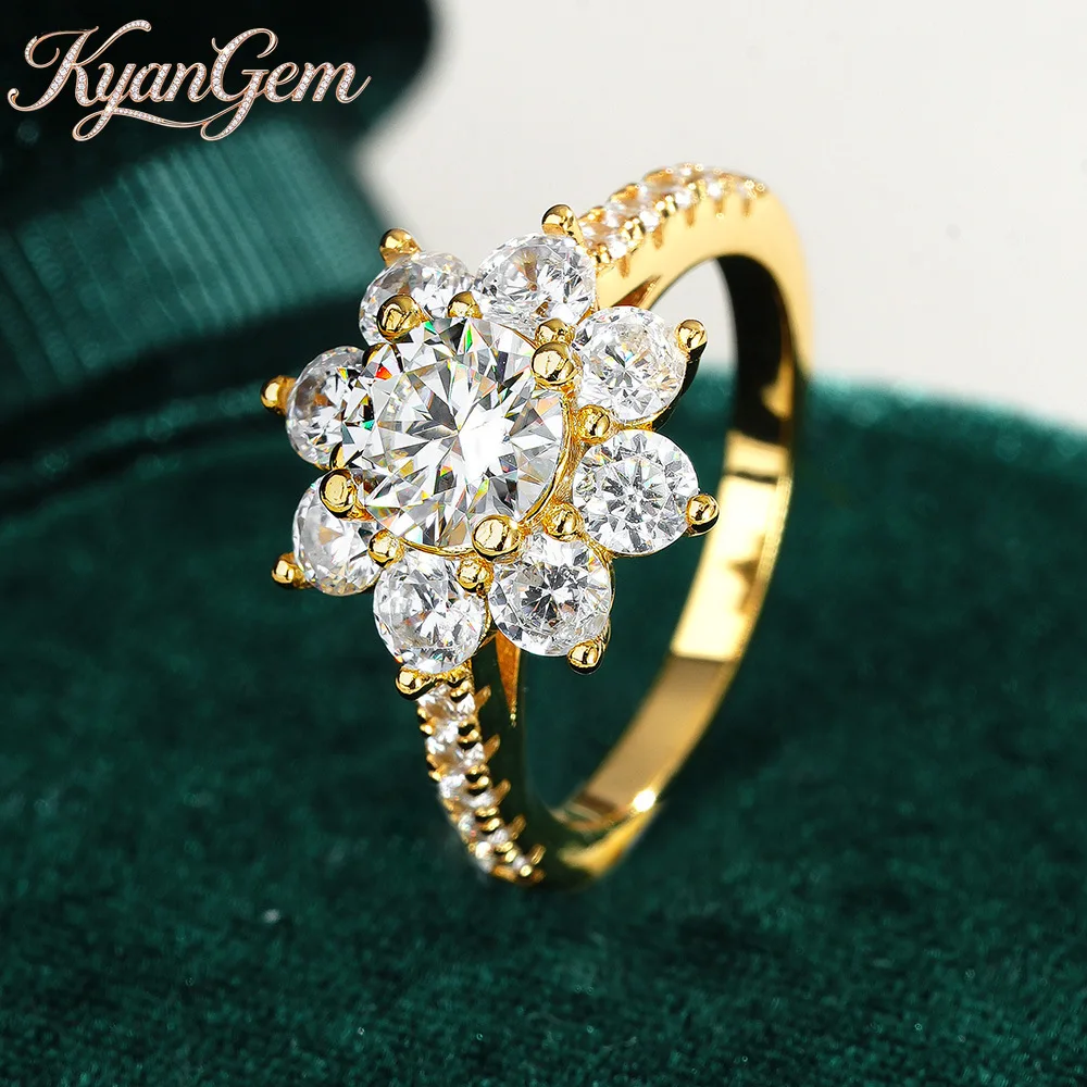 KyanGem Luxury-inspired Design Sunflower 18K Gold Ring Round 1 Carat Moissanite for Women Wedding Charm Fine Jewelry Gift