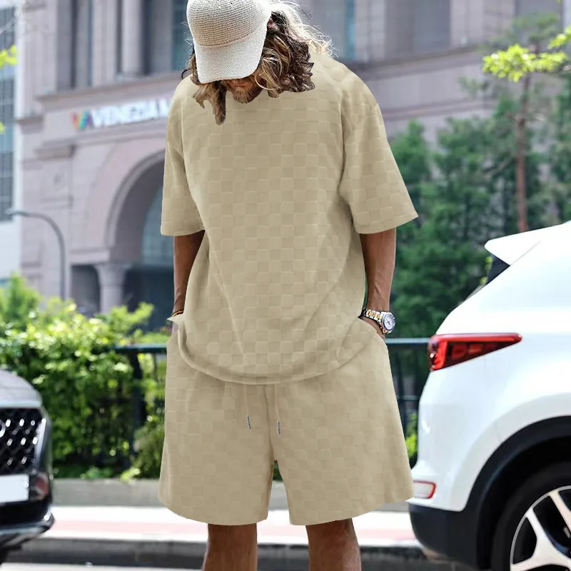 2025 new cross-border hot selling European and American jacquard checkerboard solid color short sleeved shorts set for men's fas