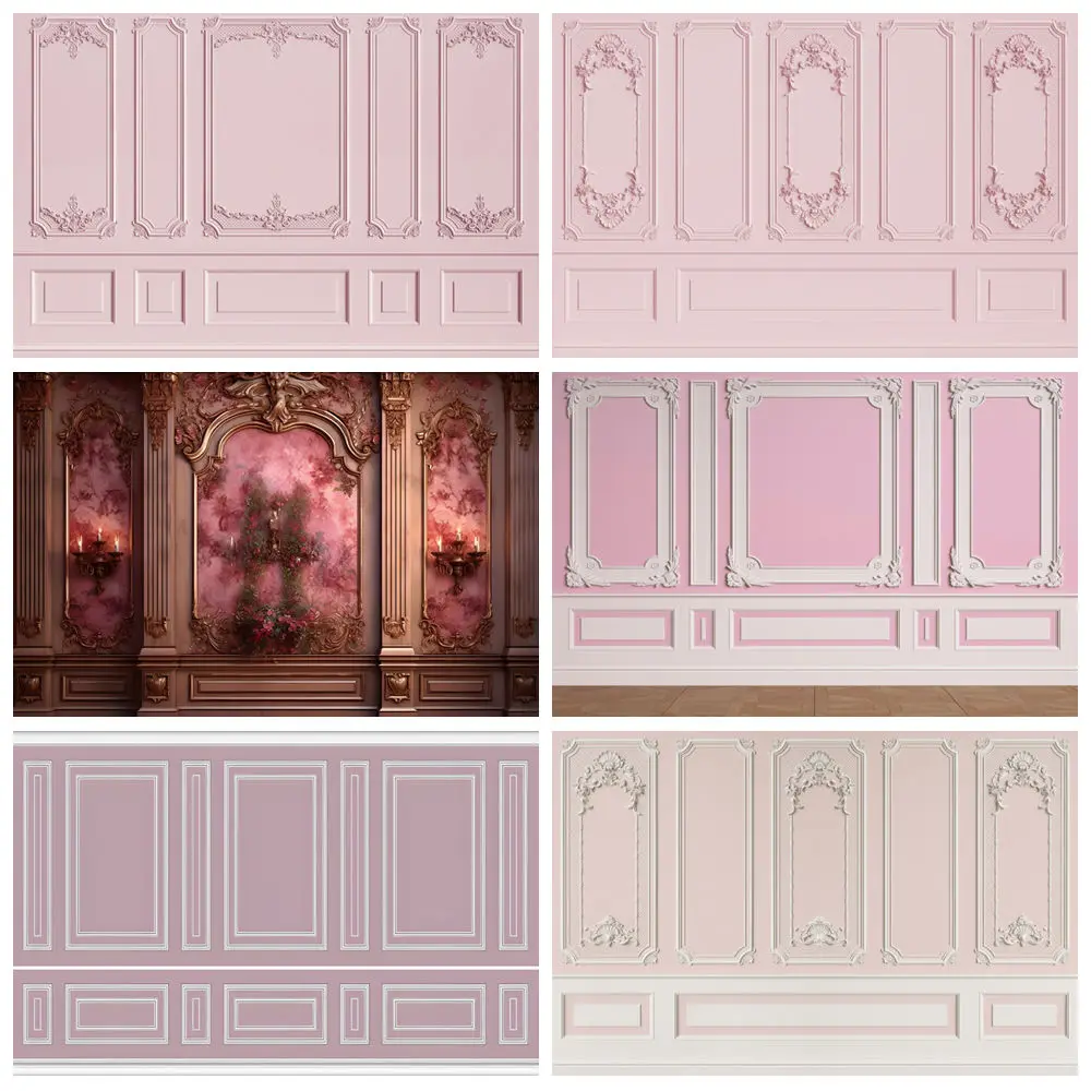 

Interior Pink Retro Wall Photography Backdrop Europe Vintage Castle Palace Princess Girls Wedding Baby Shower Background Decor