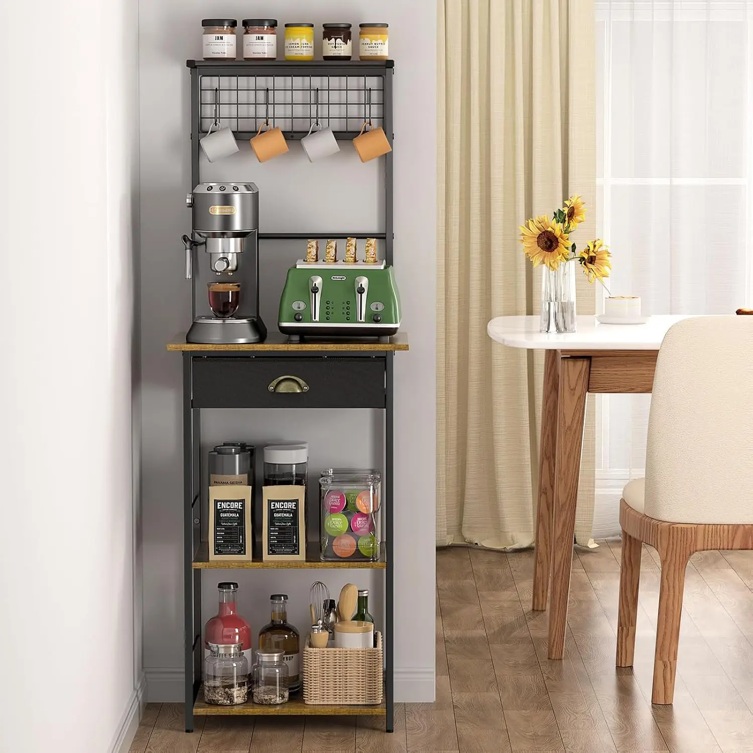 

5-Tier Coffee Bar Cabinet with Drawer and Hooks, Farmhouse Kitchen Stand for Small Spaces, 13.43"D x 18.93"W x 53.31"H