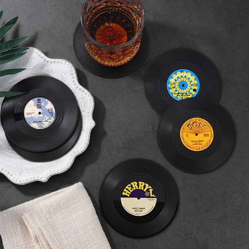 6 Pcs/Set Vinyl Original Coasters Holder Retro Record Disk Drink Mug Pad Mat Under Glass Hot Utensil Decorative Tray Silicone