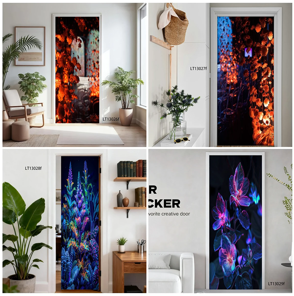Waterproof Self-Adhesive Door Wallpaper Glowing Neon Flower Dark Floral Print Removable PVC Interior