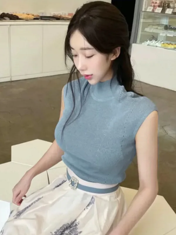 

Sweet Tees Fashion Women Tops Korean 2024 New Korea Sexy Slim Sleeveless Knit Top For Women Tops Blue D120