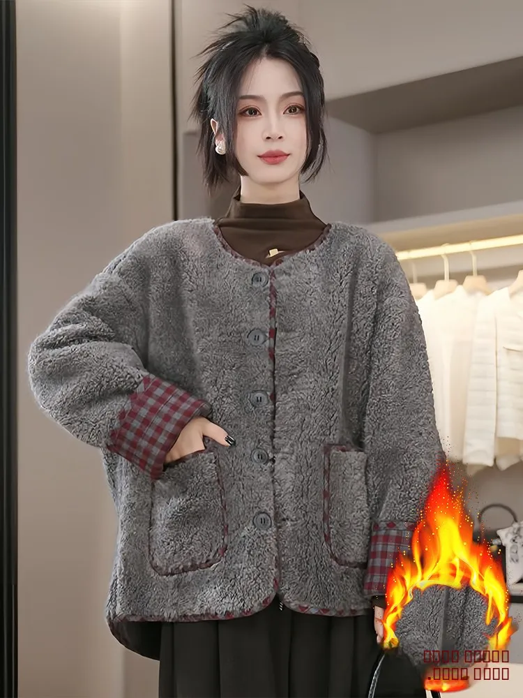 

Unique Beautiful Early Winter Fce Lined Thiened Women's Coat Plaid Cotton Warm Top Simple Sle Loose Fit Long Sve