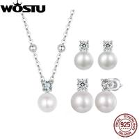 WOSTU 1CT Moissanite Natural Pearl Stud Earrings Lab Diamond 925 Sterling Silver Pendants Women Wedding Set Valentine's Day Gift
