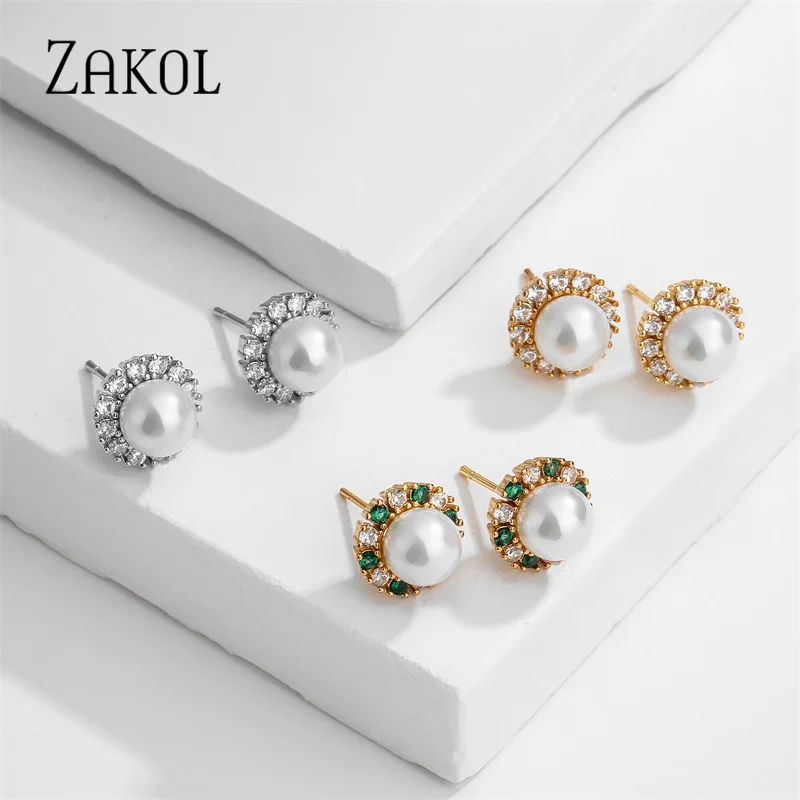 ZAKOL Vintage Green Cubic Zircon Flower Stud Earrings for Elegant Women Fashion Imitation Pearl Wedding Party Birthday Jewelry