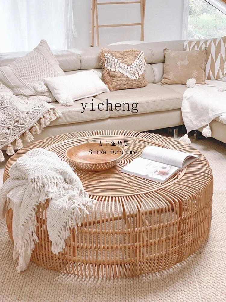 ZC Rattan Tea Table Natural Style Hand-Woven Indoor Glass round Tea Table B & B Style Coffee Table home decoration accessories