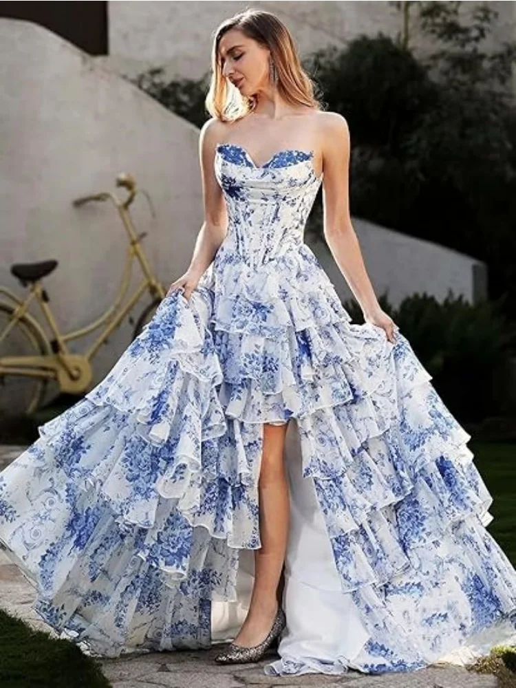 Vestidos de baile em camadas com estampa floral, vestido de baile longo, sem alças, renda de tule, vestidos de noite formais com fenda