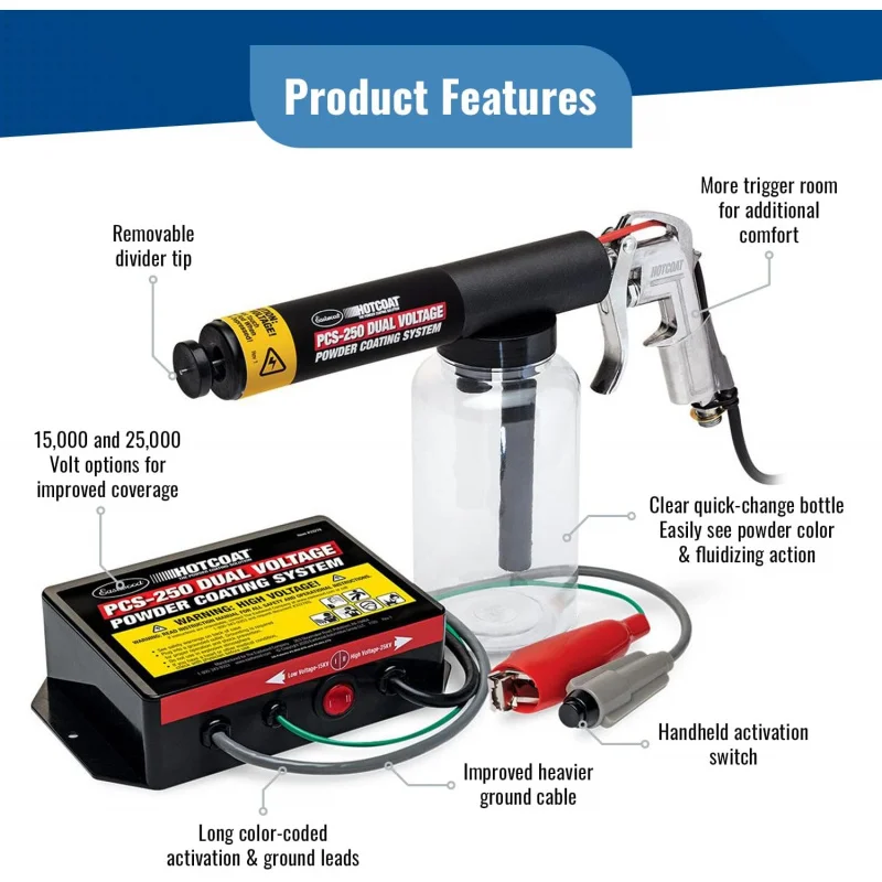 Hotcoat PCS-250 Coating System | Innovative Dual Voltage Minimal Overspray and Larger Ground Clamp | Powder Machine with Clear B