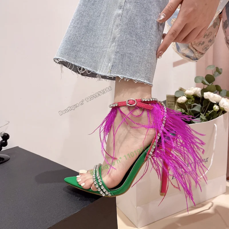 Green and Pink Fur Decor Sandals Crystal Decor Stilettos High Heel Shoes for Women Shoes on Heels 2023 New Zapatos Para Mujere