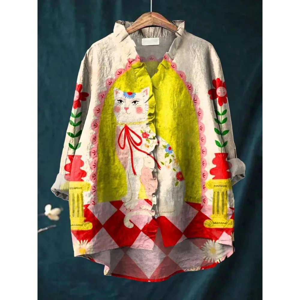 قميص حلو عتيق مع ياقة مكشكشة مثير للنساء بلوزة بوهيمية اللون وردي مُزينة بالزهور كريب فقاعي فضفاض مناسب بلوزة غير رسمية #4