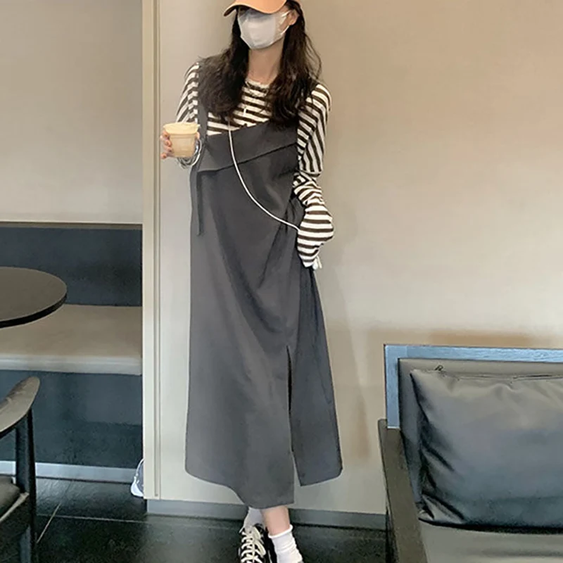 

Fashion Long Sleeve Striped Spliced Ruffles Split Casual Dress Female Clothing 2024 Autumn New Loose Preppy Style Midi Dresses