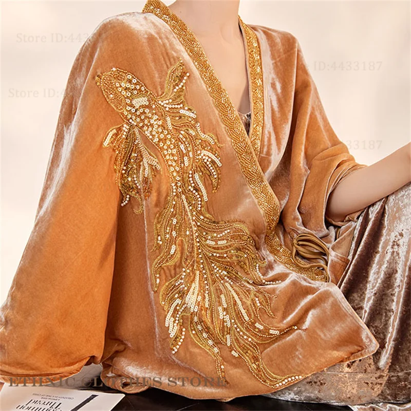 Chinese Style Female Kimono Cardigan Hanfu Tops Luxury Koi Embroidered Sequin Velvet Jacket Coat Loose Kimono Yukata Haori 