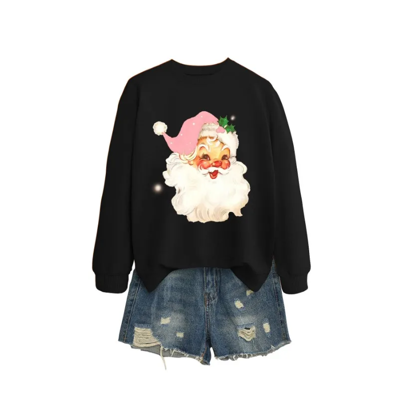 Kerstman Roze Hoed Mode Leuke Print Losse Trui Ronde Hals Sweatshirt Dames