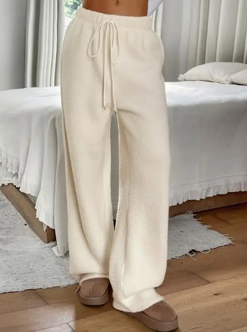 الخريف والشتاء المرأة السراويل الصوف مريحة استرخاء واسعة الساق الرباط الخصر عارضة مستقيم الساق السراويل الطويلة