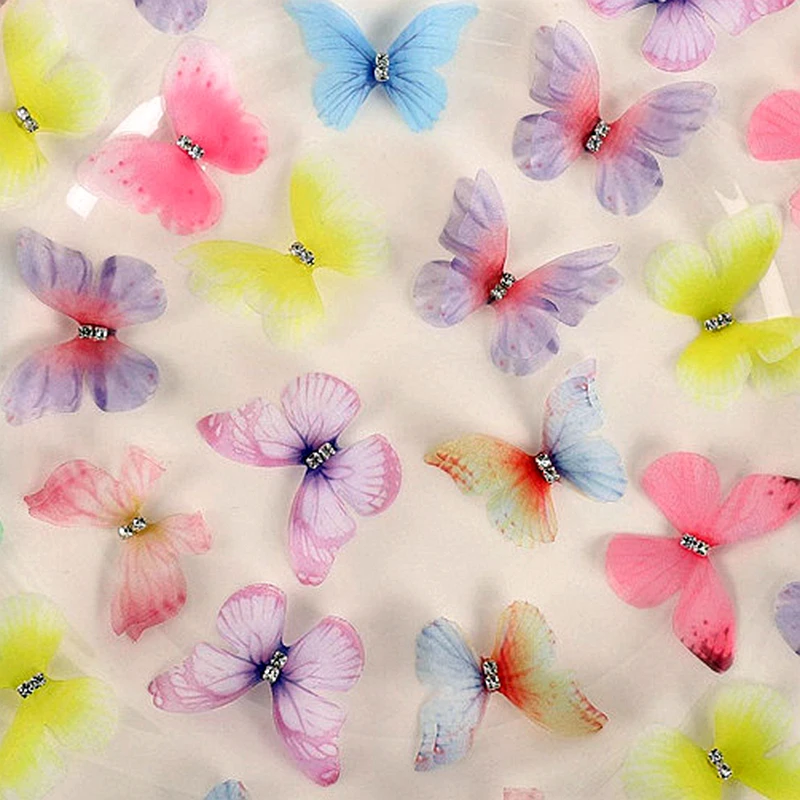 10PCS Over Size 3D Gauze Butterfly Nail Art Charms Rhinestone Accessories Parts For Manicure Nails Decoration Supplies Material
