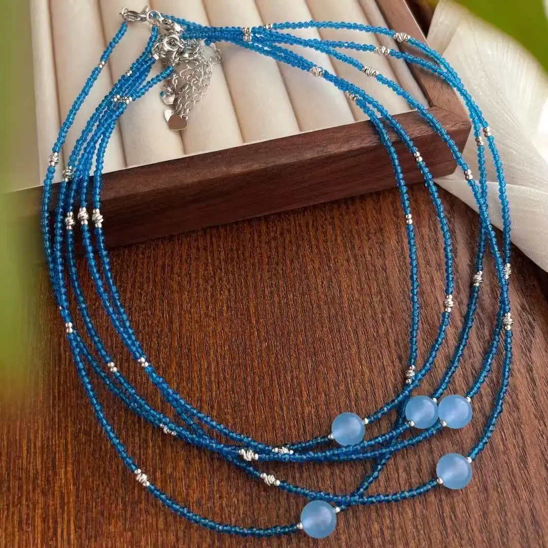 Vintage Romantic Natural Blue Chalcedony & Faux Sapphire Choker Necklace, Bohemian Sky Blue Gemstone Collarbone Chain for Women