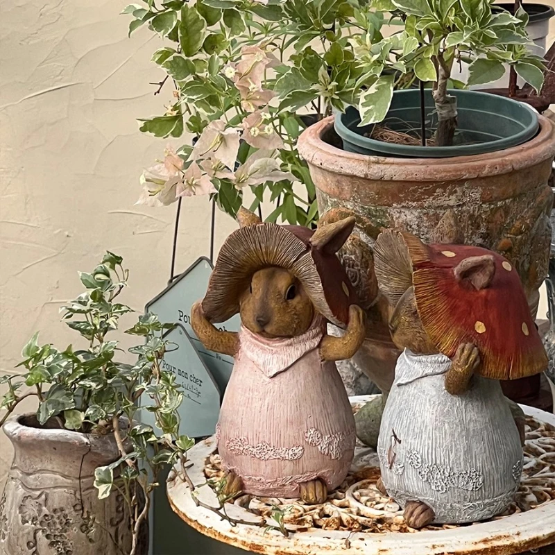 Resin Mushroom Hat Rabbit Statue Garden Fairy Decor for Outdoor Whimsical Cottage Ornament Handmade