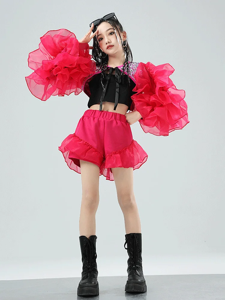 Concert Stage Performance Wear Girls Jazz Dance Costume Red Puff sleeves Sequin Tops Shorts Suit Kids Hip Hop Dance Clothes