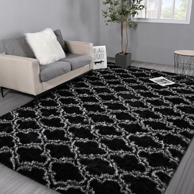 Shag Large Area Rugs for Living Room, Brown Modern Super Soft Bedroom Carpet, Moroccan Luxury Geometric Plush Fluffy Rug