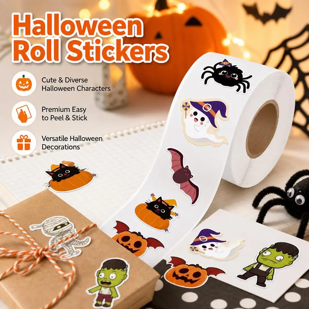 Halloween Self-Adhesive Cartoon Stickers Roll Coated Paper Easy Peel Multicolor Label For Party Goodie Bag Decor 500pcs