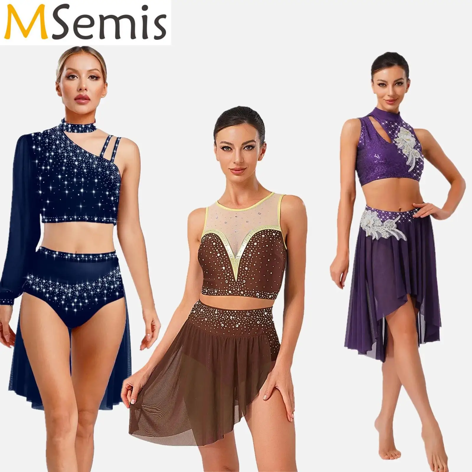 

Womens Gymnastics Leotards Artistic Figure Skating Costume Ballet Lyrical Dance Outfits Hollow Out Crop Top And Skirt Dancewear