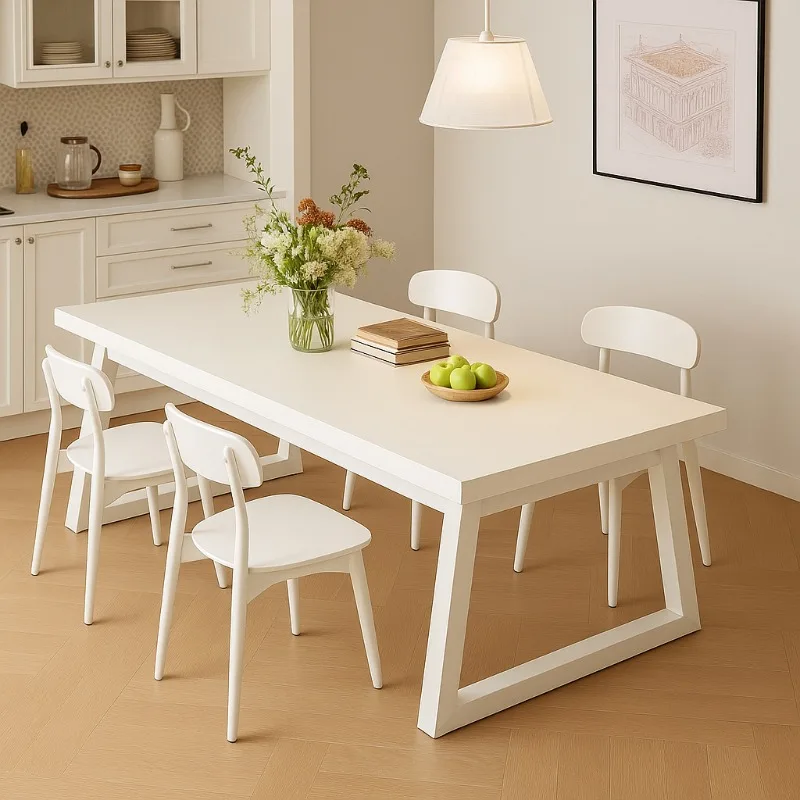 

White cream style dining table household living room large board eating table 2025 new simple rectangular table and chair combin