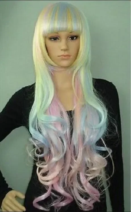 

WIG popular New Fashion Long Blue pink yellow blend Cosplay Curly Wigs