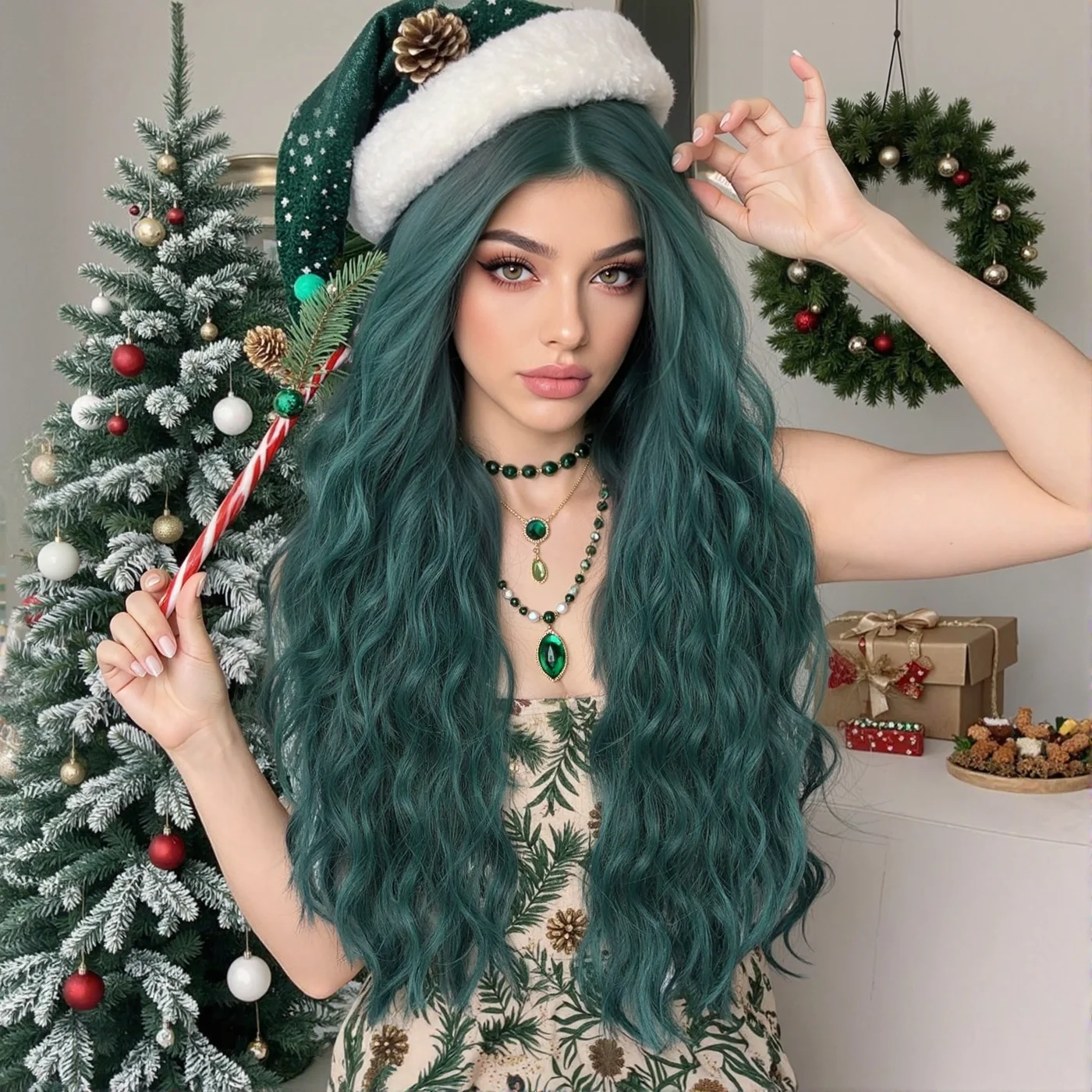 

Christmas Green Long Curly Synthetic Wigs Medium Part Water Wave Wig for Women Afro Cosplay Lolita Natural Hair Heat Resistant