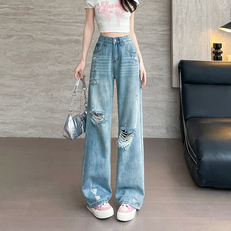 

Broken Hole Wide-Legged Jeans Female Spring and Summer Thin New High-Waisted Loose Light-Colored Straight Drag Pants Casual Pant