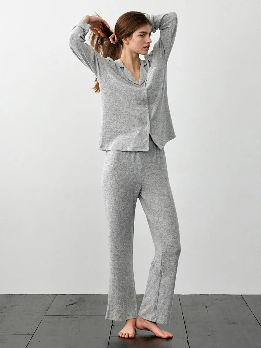 

Muzuleva Women's 2026 Autumn Winter New Gray Long Sleeve Knitted Set Elegant Lazy Loungewear Pajama Two Piece Outfit