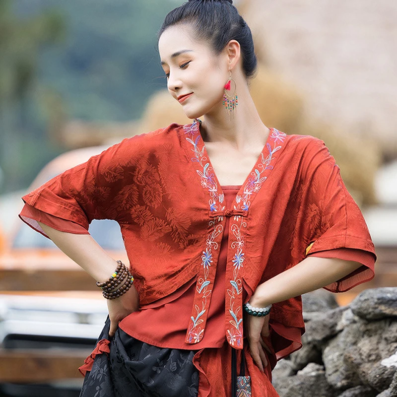 2026 New Chinese Vintage Blouse National Flower Embroidery Satin Jacquard V-neck Coat Oriental Hanfu Top Sun-protective Cardigan