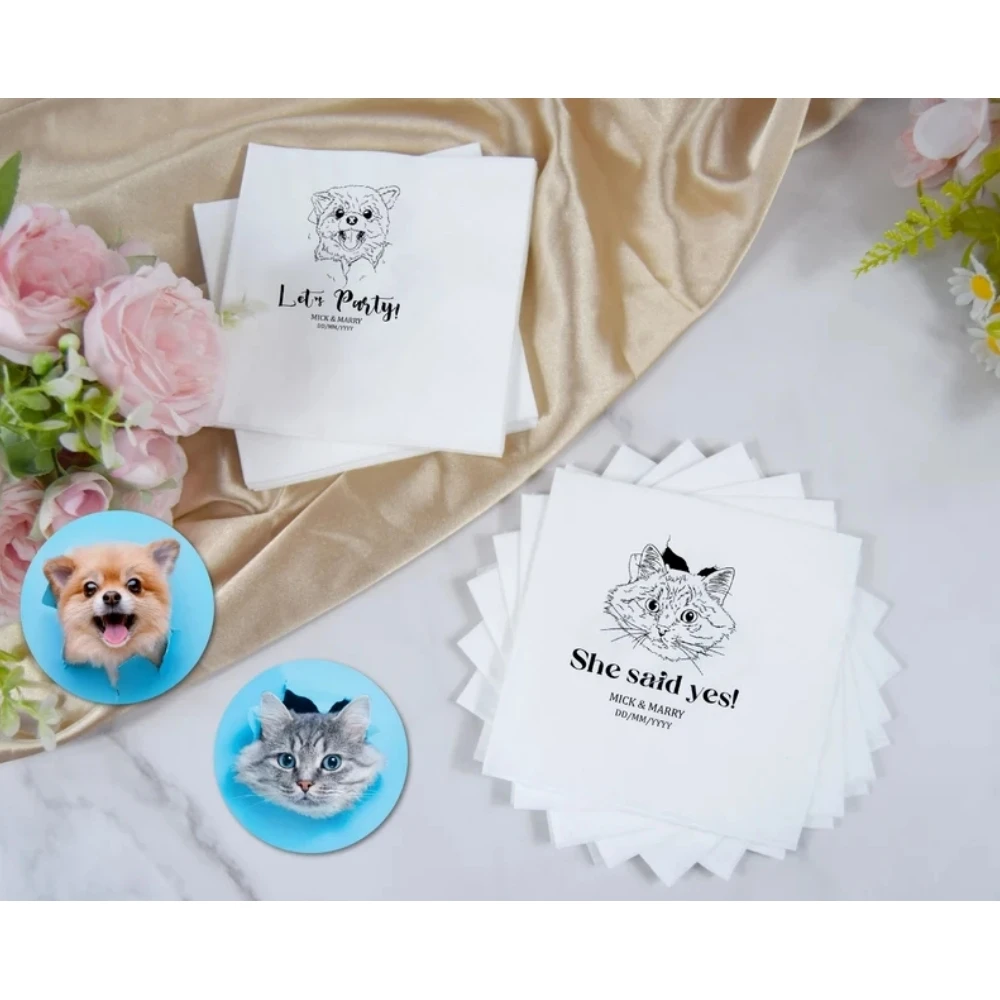 Custom Illustrated Dog Wedding Napkins,Free Hand Drawing, Engagement Napkins, Cocktail Napkins, Pet, 50Pcs