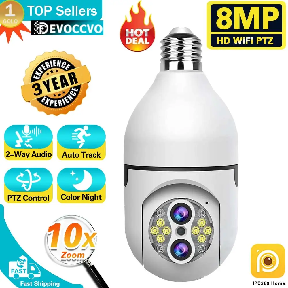 

8MP 4K E27 Bulb Camera WiFi Baby Monitor 10X Zoom Auto Tracking Indoor Video Surveillance Home Security Cam Floodlight Carecam