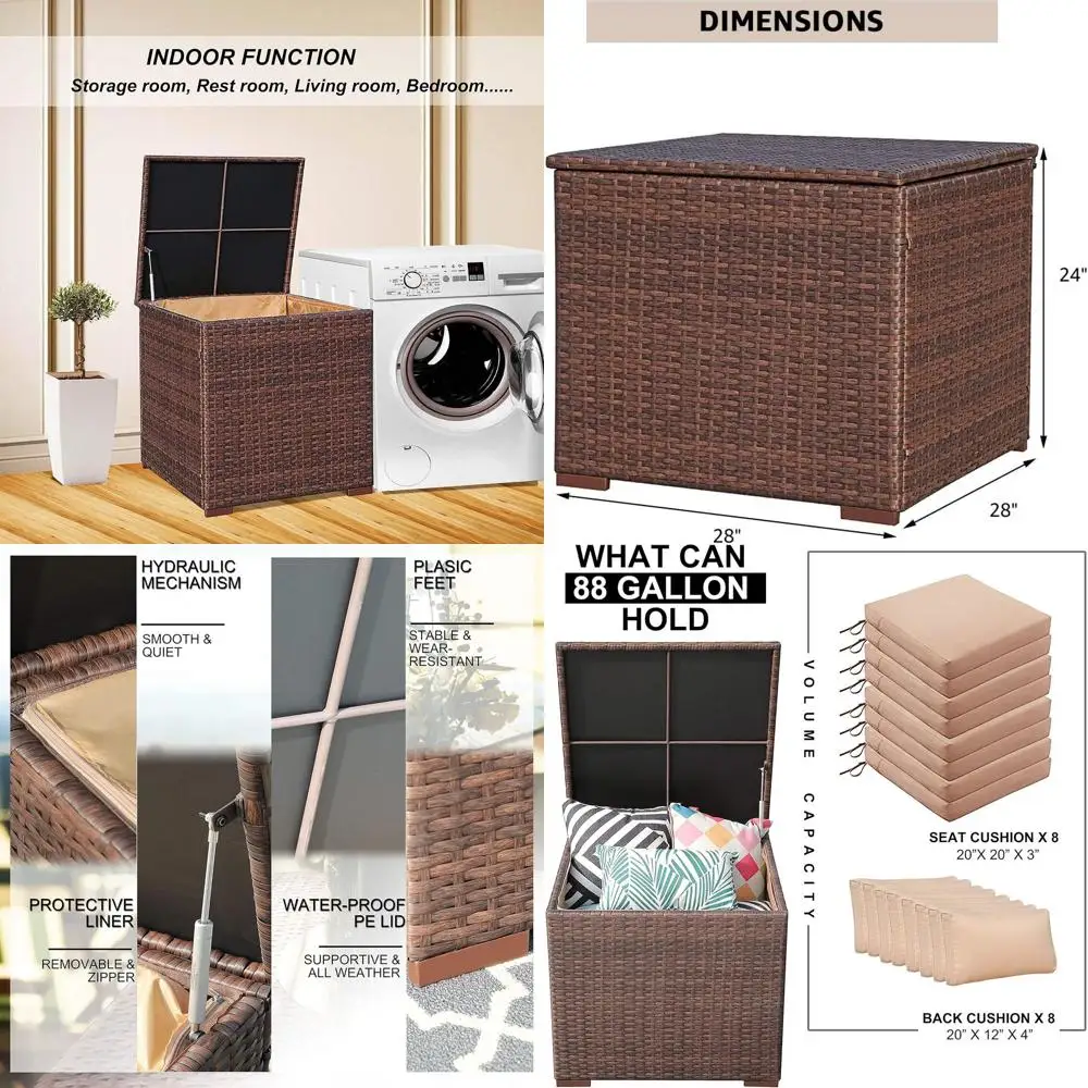 

Brown Rattan Outdoor Patio Storage Box, Waterproof 88 Gallon Deck Bin for Cushions & Garden Tools